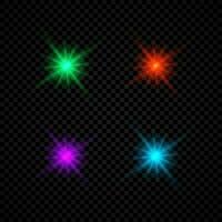 Light effect of lens flares. Set of four green, red, purple and blue glowing lights starburst effects with sparkles on a dark vector