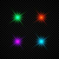 Light effect of lens flares. Set of four green, red, purple and blue glowing lights starburst effects with sparkles on a dark vector