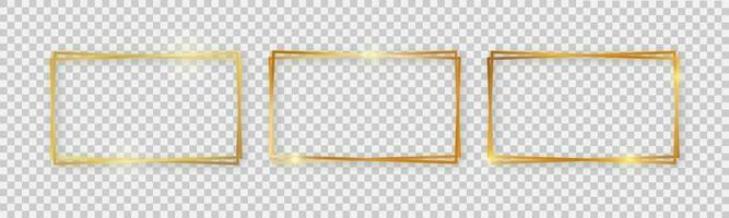 Double rectangular shiny frames with glowing effects. Set of three gold double rectangular frames with shadows vector