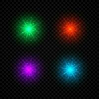 Light effect of lens flares. Set of four green, red, purple and blue glowing lights starburst effects with sparkles on a dark vector