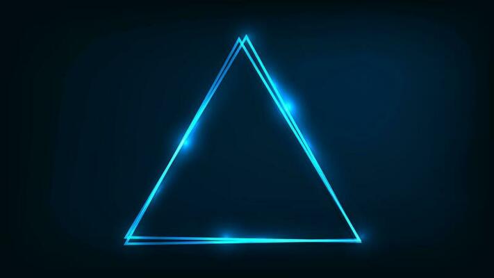 Neon double triangular frame with shining effects on dark background. Empty glowing techno backdrop. Vector illustration.