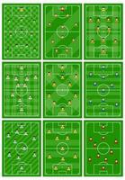 Set of nine football fields with a different scheme of players on the field. Soccer field for playing. Vector illustration