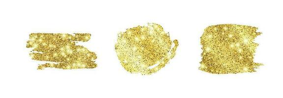 Set of three golden glittering smears on a white background. Background with gold sparkles and glitter effect. Empty space for your text. Vector illustration