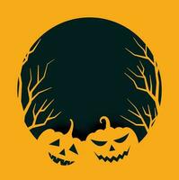 Halloween pumpkins with Moon on orange night background. Illustration can be used for children's holiday design, cards, invitations, banners. Holiday card with Jack O' Lanterns, bats and black spider. vector