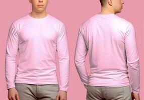 hombre vistiendo un rosado camiseta con largo mangas frente y espalda vista. ai generado foto
