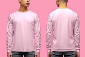 Man wearing a pink T-shirt with long sleeves. Front and back view. ai generated photo