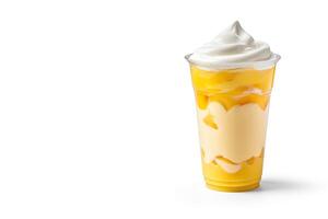 Mango smoothie milkshake in plastic takeaway cup isolated on white background with copy space. photo