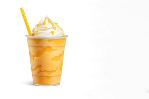Mango smoothie milkshake in plastic takeaway cup isolated on white background with copy space. photo