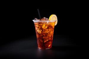 Iced lemon tea on plastic takeaway glass isolated on dark background. ai generated photo