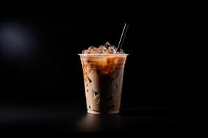 Iced coffee in plastic take-away glass isolated on dark background. ai generated photo