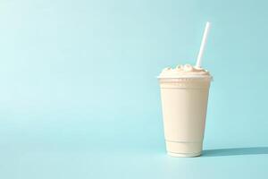 Vanilla milkshake in plastic takeaway cup isolated on pastel background with copy space. ai generated photo