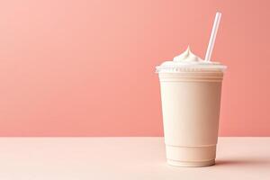 Vanilla milkshake in plastic takeaway cup isolated on pastel background with copy space. ai generated photo