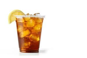 Iced lemon tea on plastic take-away glass isolated on white background with copy space. ai generated photo