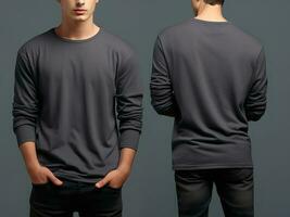 Man wearing a grey T-shirt with long sleeves. Front and back view. ai generated photo