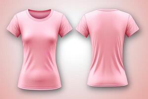 Pink female t-shirt realistic mockup set from front and back view, blank textile print design template for fashion apparel. photo