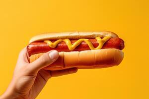 Hand holding tasty hot dog on a yellow background. ai generated photo