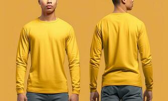 Man wearing a yellow T-shirt with long sleeves. Front and back view. ai generated photo