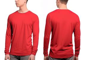 Man wearing a red T-shirt with long sleeves. Front and back view. photo