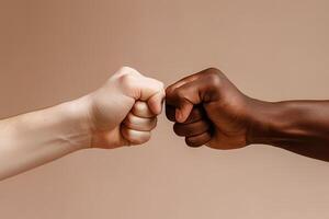 close up of a fist bump isolated on beige background, hands and teamwork, support or collaboration for team building, solidarity or unity, hand connection, partnership or greeting. photo