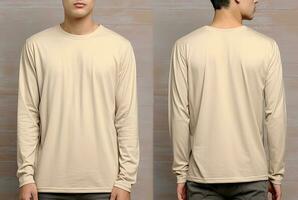 Man wearing a beige T-shirt with long sleeves. Front and back view. ai generated photo