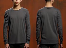 Man wearing a grey T-shirt with long sleeves. Front and back view. photo