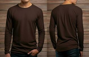 Man wearing a brown T-shirt with long sleeves. Front and back view. ai generated photo