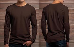 Man wearing a brown T-shirt with long sleeves. Front and back view. photo