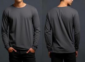 Man wearing a grey T-shirt with long sleeves. Front and back view. photo