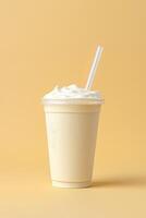 Vanilla milkshake in plastic takeaway cup isolated on pastel background. ai generated photo