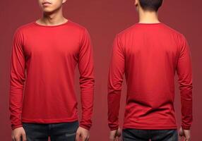 Man wearing a red T-shirt with long sleeves. Front and back view. photo