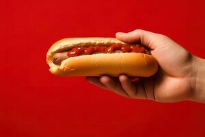 Hand holding tasty hot dog on a red background. ai generated photo