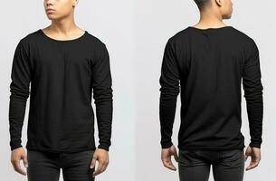 Man wearing a black T-shirt with long sleeves. Front and back view. ai generated photo