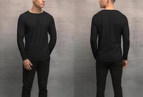 Man wearing a black T-shirt with long sleeves. Front and back view. ai generated photo