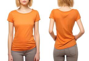 Photo realistic female orange t-shirts with copy space, front, and back view.