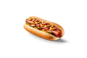 Hot dog with mustard and ketchup isolated on a white background. photo