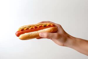 Hand holding tasty hot dog on a white background. ai generated photo