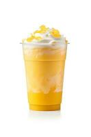 Mango smoothie milkshake in plastic takeaway cup isolated on white background. ai generated photo