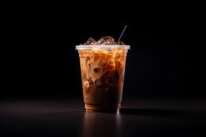 Iced coffee in plastic take-away glass isolated on dark background. ai generated photo