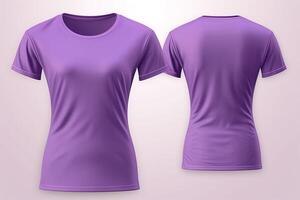 Purple female t-shirt realistic mockup set from front and back view, blank textile print design template for fashion apparel. AI Generated photo