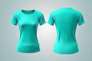 Cyan female t-shirt realistic mockup set from front and back view, blank textile print design template for fashion apparel. photo