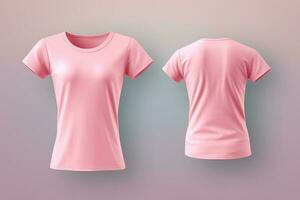 rosado hembra camiseta realista Bosquejo conjunto desde frente y espalda vista, blanco textil impresión diseño modelo para Moda vestir. ai generado foto