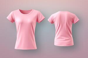 Pink female t-shirt realistic mockup set from front and back view, blank textile print design template for fashion apparel. photo