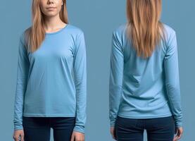 Woman wearing a blue T-shirt with long sleeves. Front and back view. ai generated photo