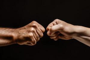 close up of a fist bump isolated on black background, hands and teamwork, support or collaboration for team building, solidarity or unity, hand connection, partnership or greeting. photo