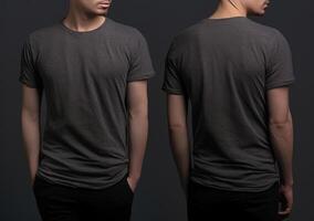 Photo realistic male grey t-shirts with copy space, front, and back view.