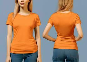 Photo realistic female orange t-shirts with copy space, front, and back view. ai generated