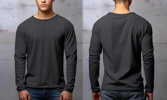 Man wearing a grey T-shirt with long sleeves. Front and back view. photo