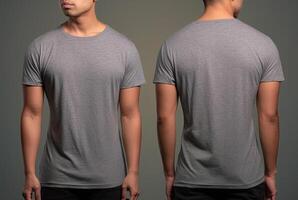 Photo realistic male grey t-shirts with copy space, front, and back view.