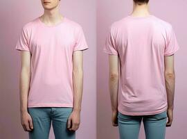 foto realista masculino rosado camisetas con Copiar espacio, frente, y espalda vista. ai generado
