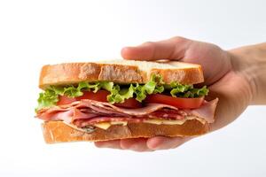 Hand holding tasty sandwich on a white background. ai generated photo